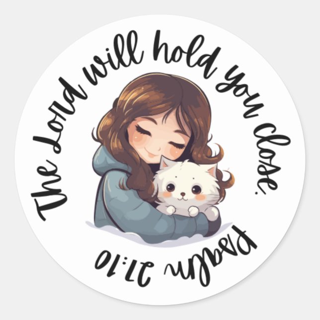 Rond Sticker Écriture (Psaume 27:10 Girl Cat) (Devant)
