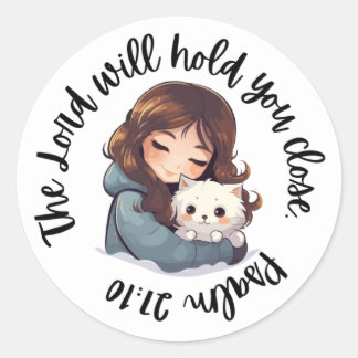 Rond Sticker Écriture (Psaume 27:10 Girl Cat)
