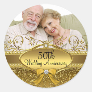Rond Sticker Elegant Gold Damask Photo 50th Anniversary