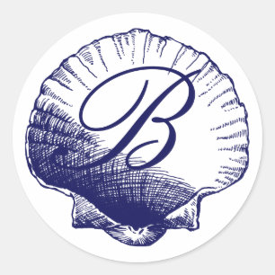 Rond Sticker en coquille marine Monogrammé bleu