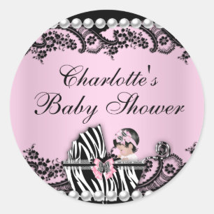 Rond Sticker en dentelle rose Zebra baby shower mignonn