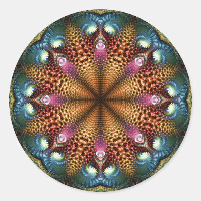 Rond Sticker en étoile fractale Aqua Golden Mandala (Devant)
