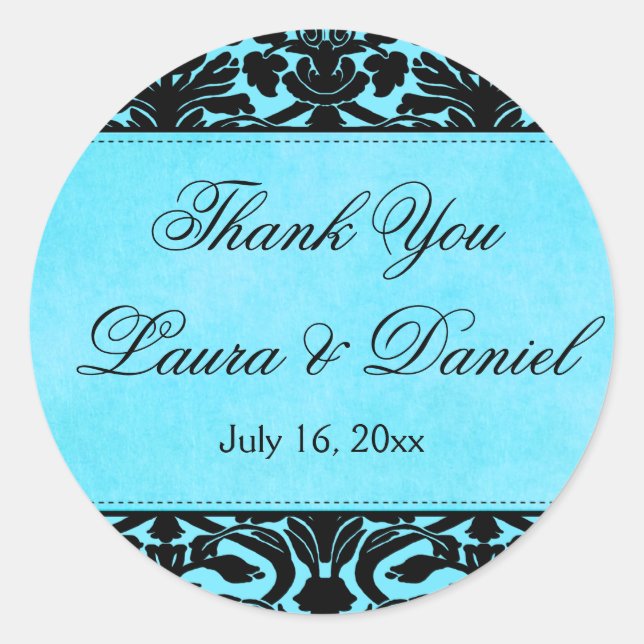 Rond Sticker en Merci bleu et noir Damask 1,5 po (Devant)