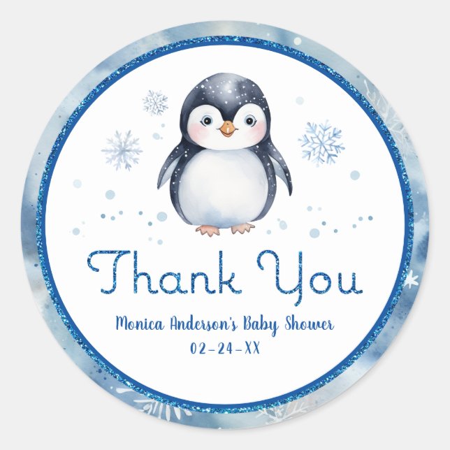 Rond Sticker en Merci de Baby shower de pingouin (Devant)