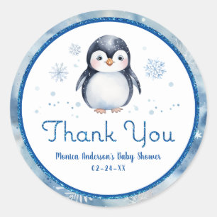 Rond Sticker en Merci de Baby shower de pingouin