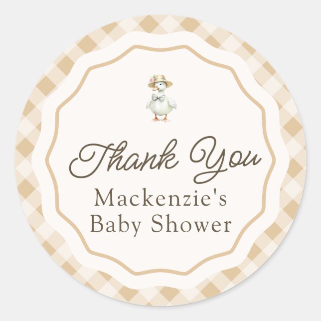 Rond Sticker en Merci de Baby shower En vichy oie (Devant)
