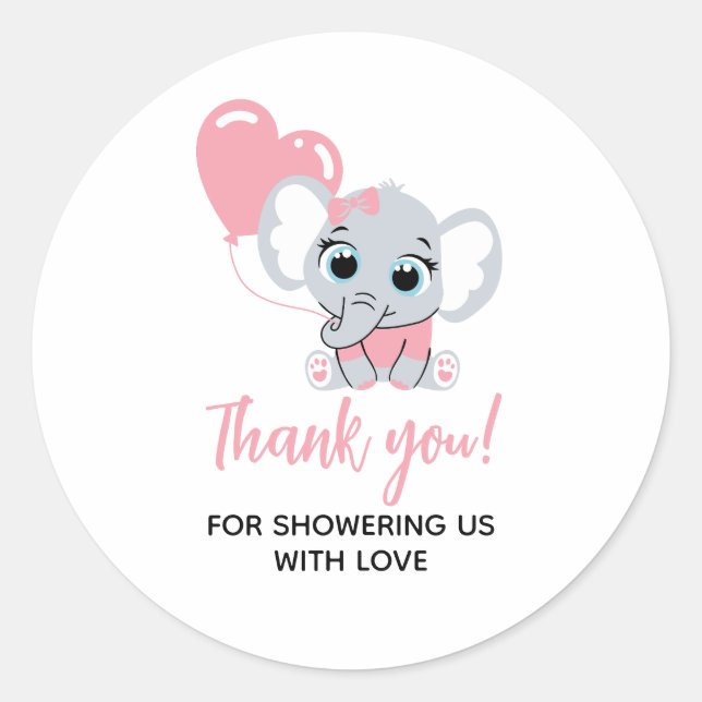 Rond Sticker en Merci de Baby shower rose éléphant (Devant)