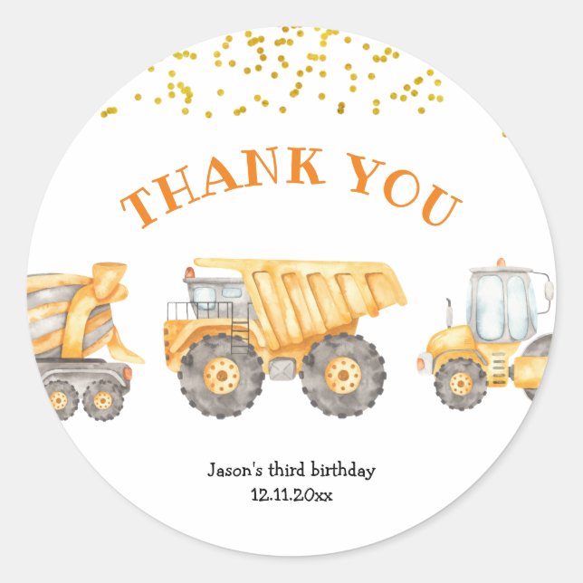 Rond Sticker en Merci de camion de construction jaune (Devant)