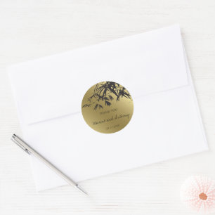 Rond Sticker en Merci en or noir Feuille Bambou