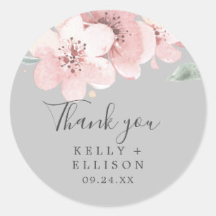Rond Sticker en Merci gris fleur cerise de printemps