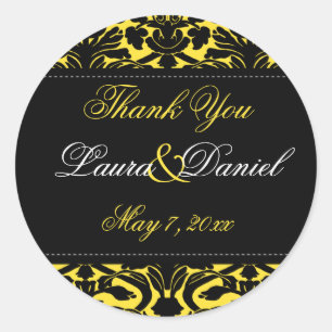 Rond Sticker en Merci jaune et noir Damask 1,5 po