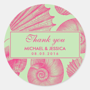 Rond Sticker en Merci Mariage de coquillages vert et ro