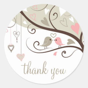 Rond Sticker en Merci Mariage gris et rose Inséparables