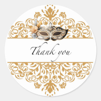 Rond Sticker en Merci Mascarade en or Damask