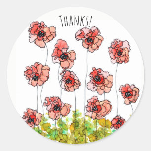 Rond Sticker en Merci Whimsical Red Poppy Fleurs