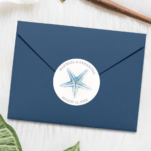 Rond Sticker Envelope Seal, Blue Starfish Beach Wedding