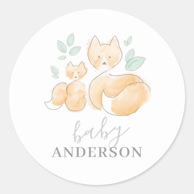 Rond Sticker Faire-part bébé Fox aquarelle (Devant)