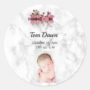 Rond Sticker Faire-part de naissance bébé en marbre