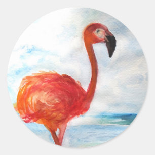 Rond Sticker Flamant rose rose, Flamant rose aquarelle 