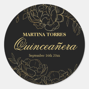 Rond Sticker floral élégant Quinceanera noir et or