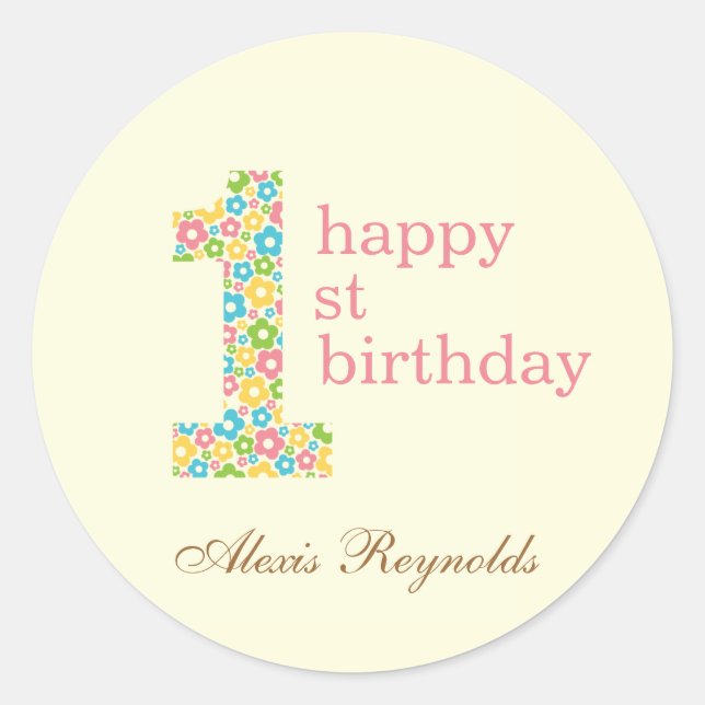 Rond Sticker Flower Power First Birthday Faveur - Rose (Devant)