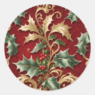 Rond Sticker Gold Green Feuille Red Christmas Holiday