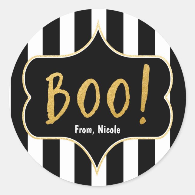 Rond Sticker Halloween Gold BOO noir et blanc à rayures (Devant)