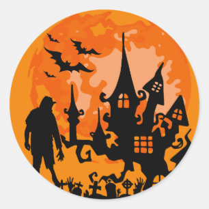 Rond Sticker Halloween Maison éffrayante