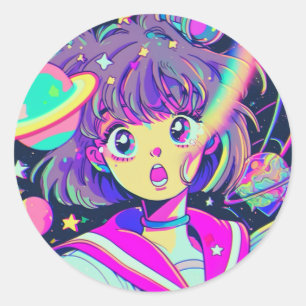 Rond Sticker Kawaii Anime Girl in Space