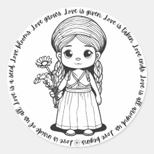 Rond Sticker "L'amour est" pour fille avec marguerites