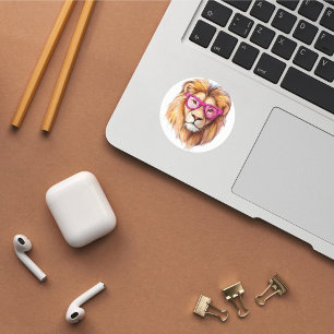 Rond Sticker Lion avec lunettes roses