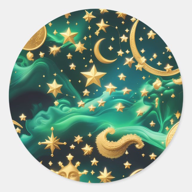 Rond Sticker - Luxury Emerald Celestial Moon Design (Devant)