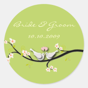 Rond Sticker mariage amour colombes + fleurs branche