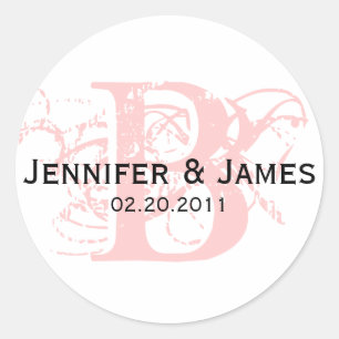 Rond Sticker Mariage blanc et rose Monogramme B