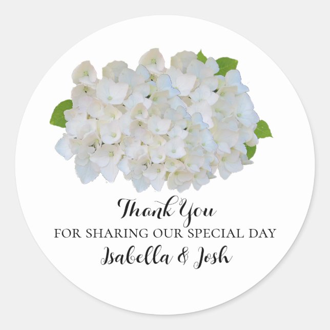 Rond Sticker Mariage blanc Hydrangeas Merci (Devant)