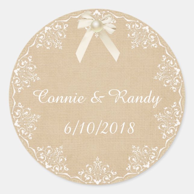 Rond Sticker Mariage Burlap et Lace Bow et Pearl (Devant)