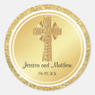 Rond Sticker Mariage chrétien Parties scintillant or av