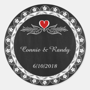 Rond Sticker Mariage Coeur et Dove en tableau noir