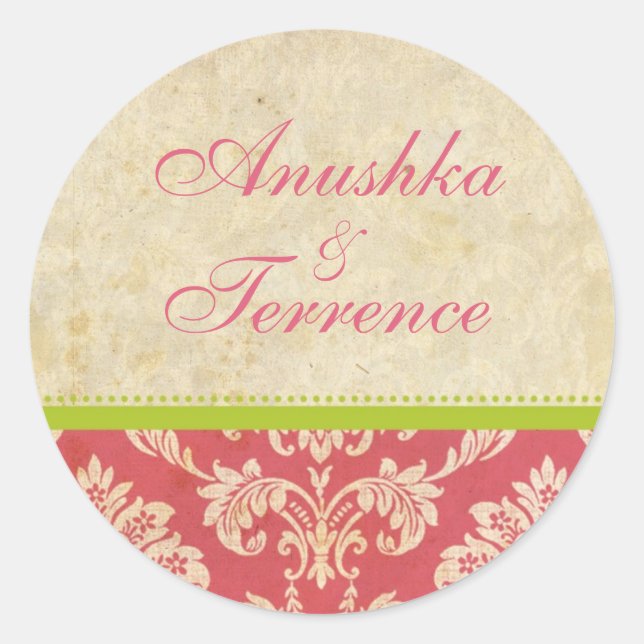 Rond Sticker Mariage Damask rose et vert (Devant)
