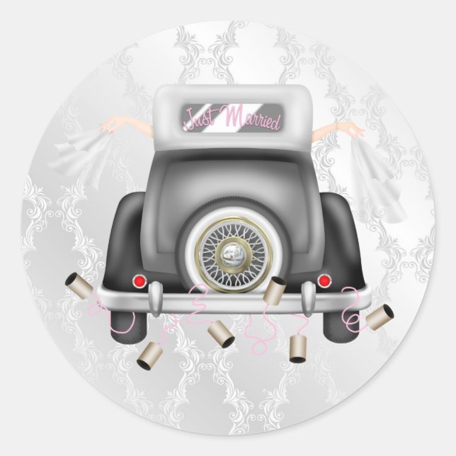 Rond Sticker Mariage damassé Gay Silver avec voiture Ma (Devant)