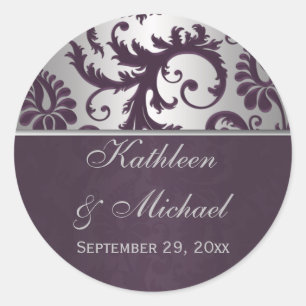 Rond Sticker Mariage damassé Lapis Purple & Silver Grey