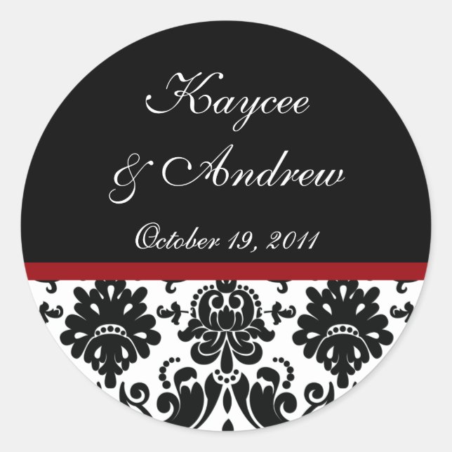 Rond Sticker Mariage damassé noir et rouge (Devant)
