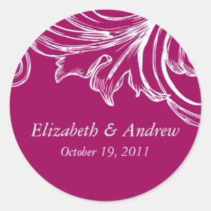 Rond Sticker Mariage damassé vintage RASPBERRY & Blanc