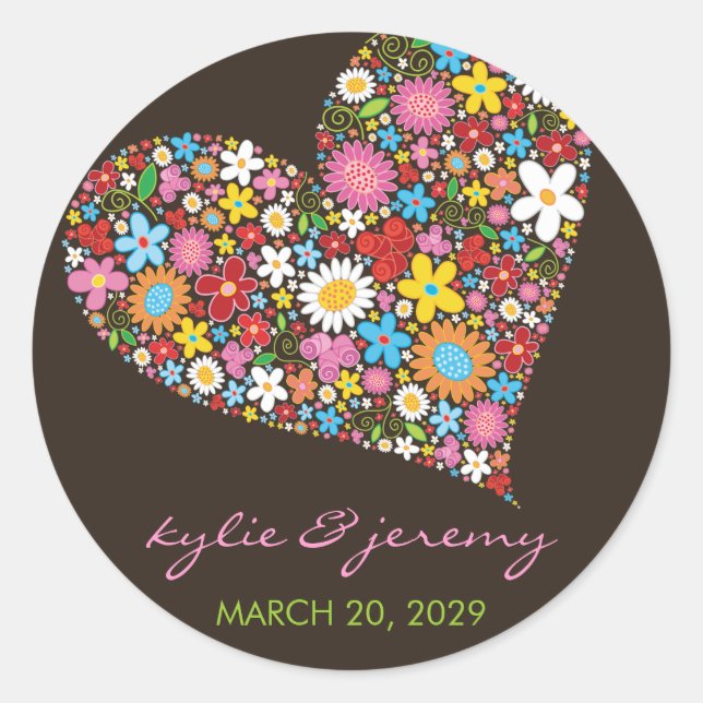 Rond Sticker Mariage de coeur Valentine Fleurs de print (Devant)