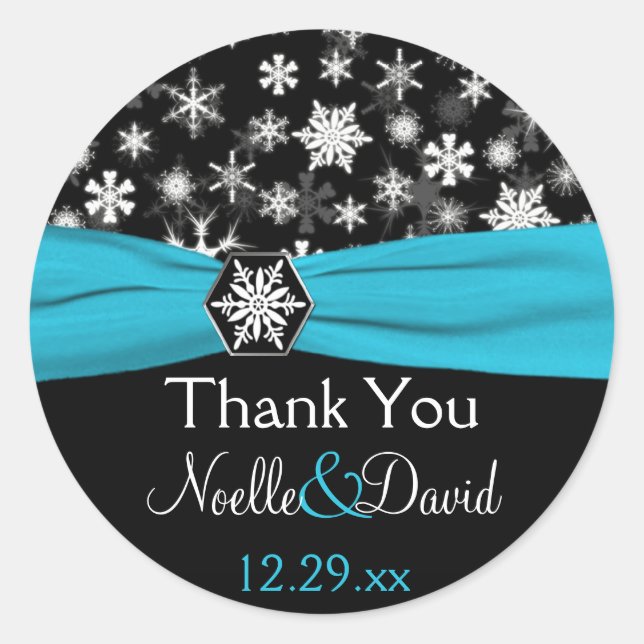Rond Sticker Mariage de Flakes Aqua, Noir, Blanc (Devant)