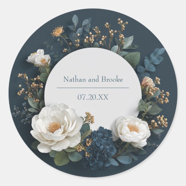 Rond Sticker Mariage de fleurs bleu rustique (Devant)