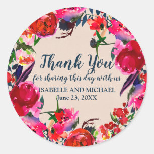 Rond Sticker Mariage de Merci Floral Rouge personnalisé