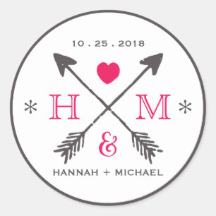 Rond Sticker Mariage de Monogramme de Coeur et Flèche r