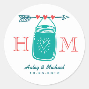 Rond Sticker Mariage de monogramme de mason de coeur ru