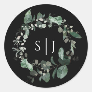 Rond Sticker Mariage de Monogramme noir de verdure mode